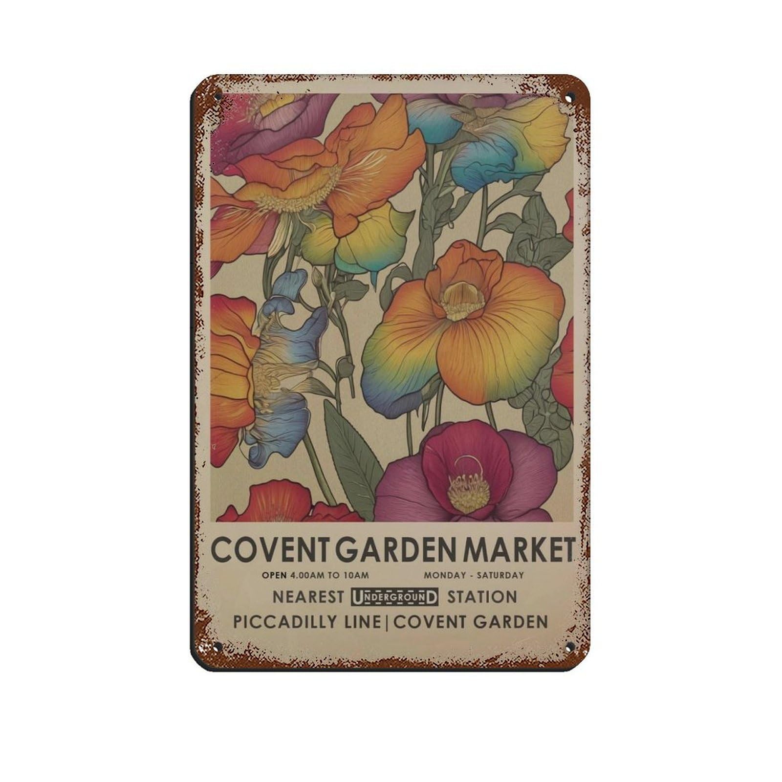Covent Garden Flower Market, Rainbow Botanical Art Retro Poster Metal Tin Sign Chic Art Retro Iron Painting Bar People Cave Cafe Family Garage Poster Wall Decoration 8x12inch(20x30cm)