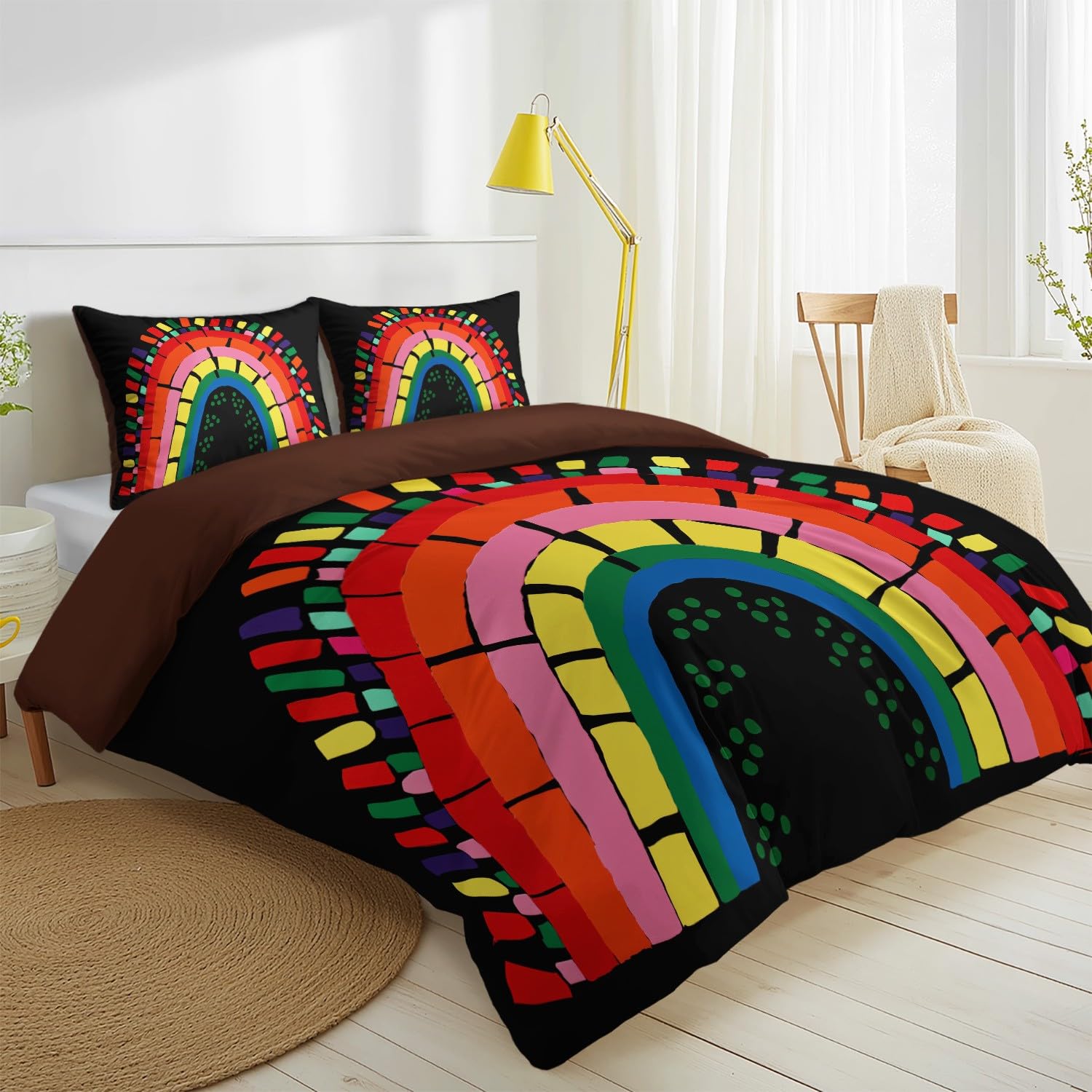 3-częściowy komplet pościeli z kreskówki, 240 x 220 cm, kolorowa poszewka na kołdrę – kolorowa bloczek kolorów, patchwork, miękka mikrofibra, 2 poszewki na poduszkę 80 x 80 cm, czarna