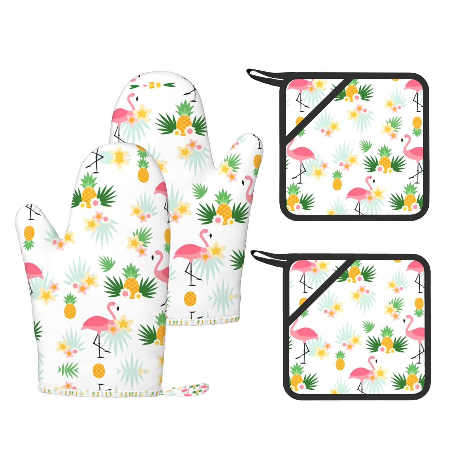 Flamingos and Pineapples Trendy Printed Kitchen Set with Heat Resistant Gloves & Non-Slip Hot Pads for Baking & Grilling