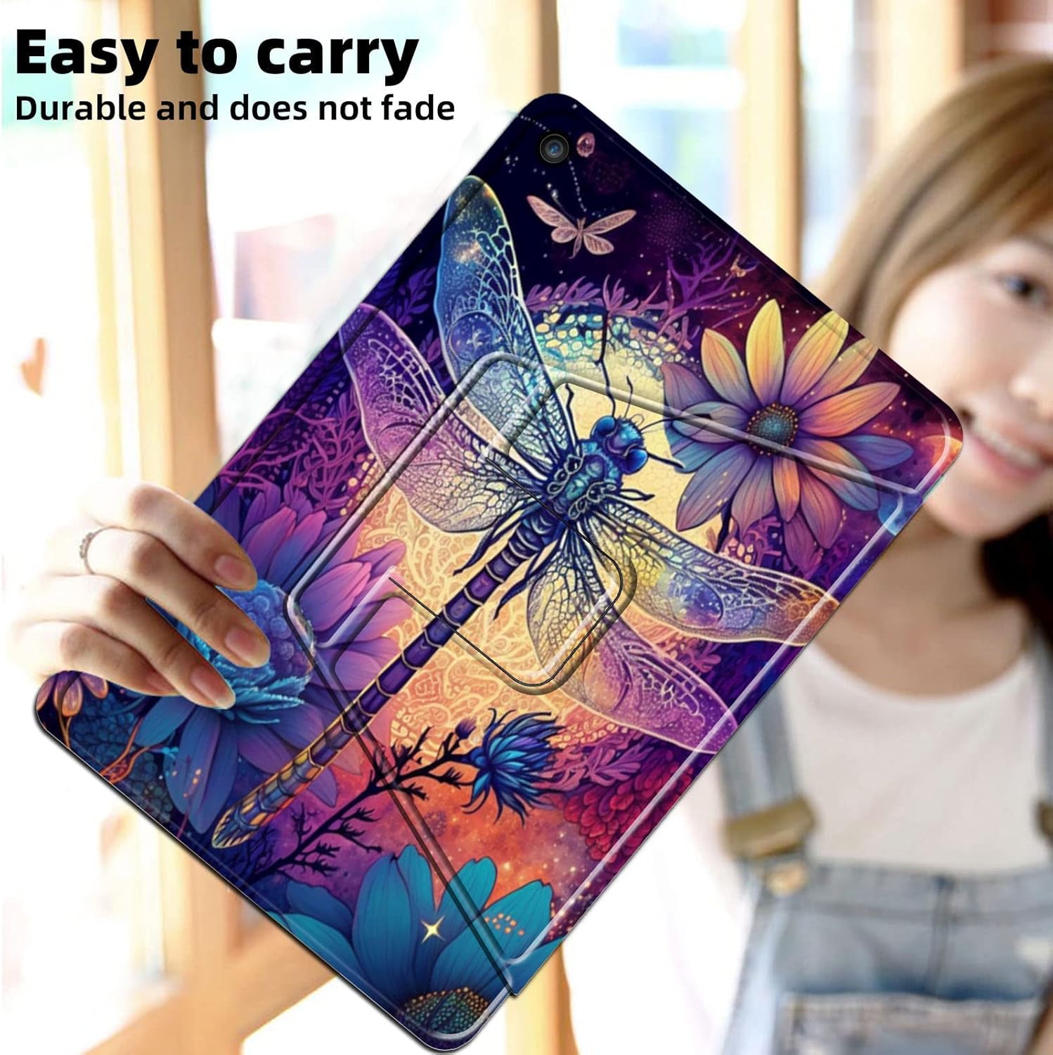 Case for All-New Fire HD 10 & Fire HD 10 Plus Tablet (10.1", 11th Generation,2021 Release),Multi-Angle Viewing 360 Degree Rotating Stand Fold Cover with Auto Wake/Sleep,Flowers Dragonfly