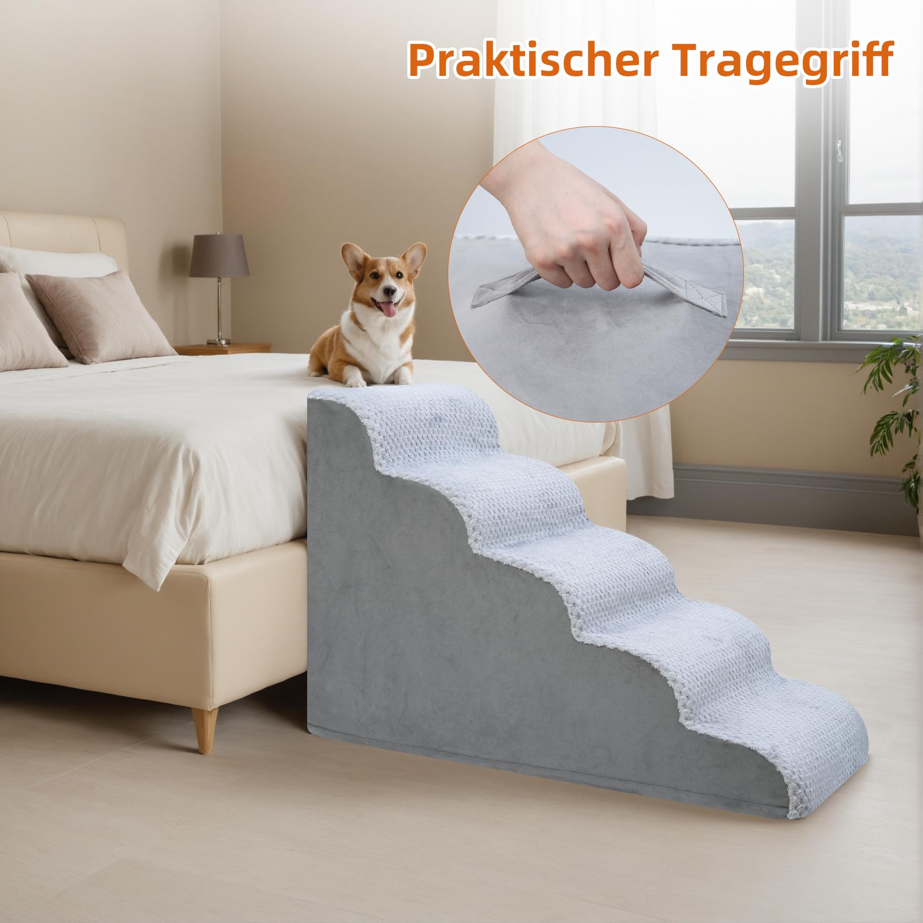 KSIIA Hundetreppe 5 Stufen, 57.5cm Hoch Haustiertreppe Hundetreppe für Kleine Hunde, Katzentreppe Hunderampe mit Waschbar Bezug für Bett, Couch, Sofa und Auto, 40x84x57.5cm, Grau