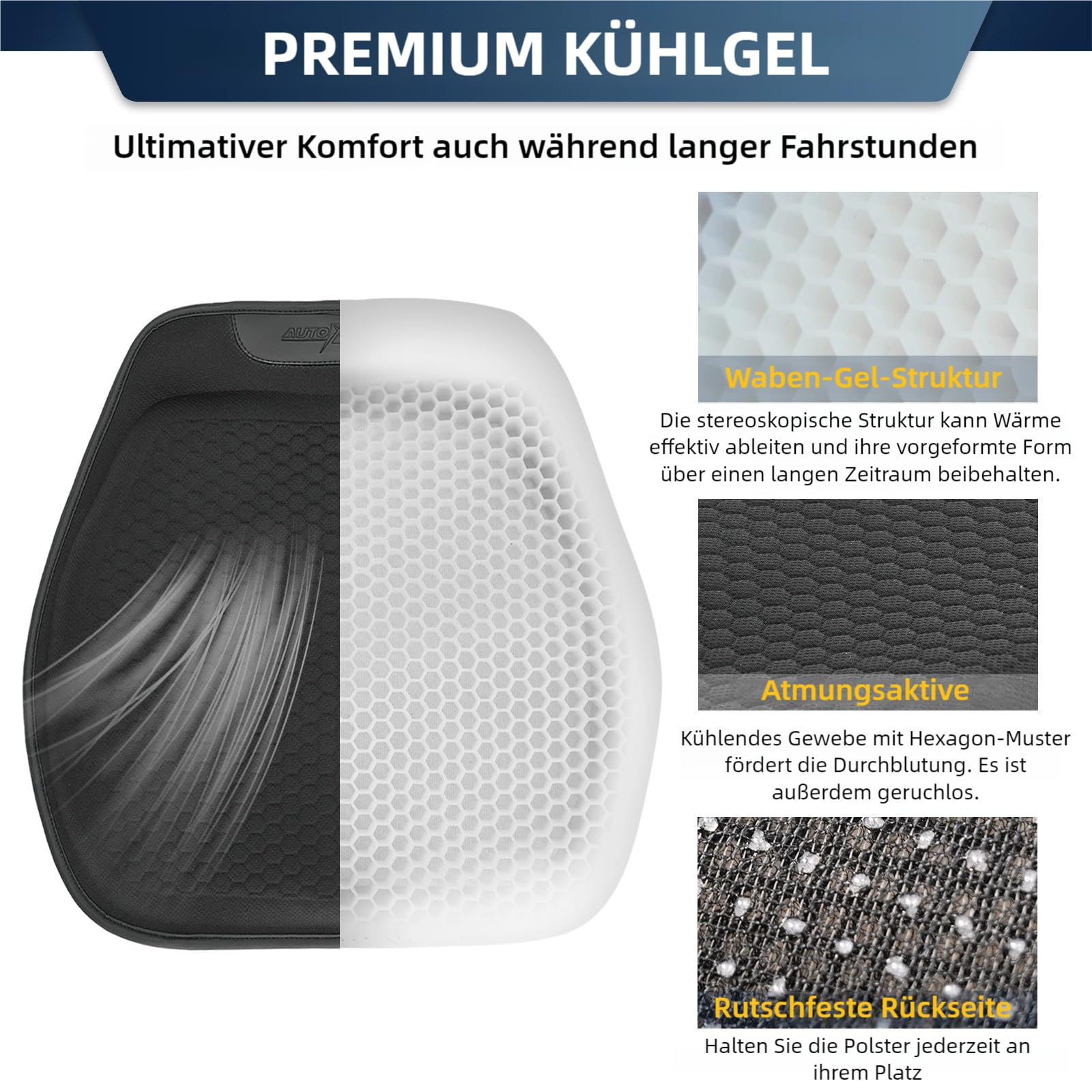 Cuscino in gel per auto, per sedili anteriori, in gel ortopedico, traspirante, rinfrescante, ergonomico, a nido d'ape, universale, per auto, sedia a rotelle