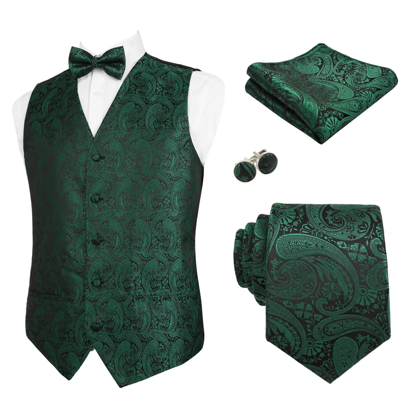 AlizealMens 5pcs Paisley Suit Vest Classic Jacquard Button-Down Waistcoat Set