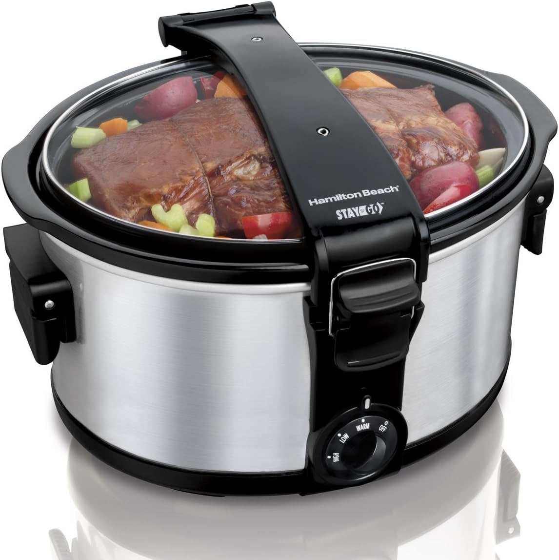 Hamilton Beach Stay or Go Portable 7-Quart Slow Cooker with Lid Lock for Easy Transport, Dishwasher-Safe Crock, Silver (33472)