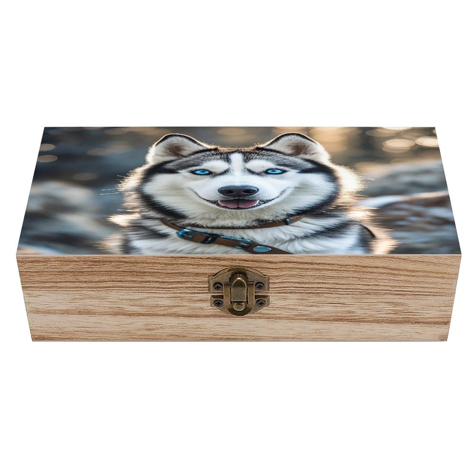 FekiLoot Blue Eyed Husky Wooden Storage Box Exquisite Wood Keepsake Box Vintage Wooden Gift Jewelry Case for Crafts And Photo Storage Boxes