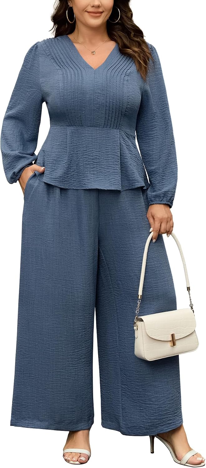 SCOMCHIC Women Plus Size 2 Piece Sets Long Sleeve Peplum Top Wide Leg Pants