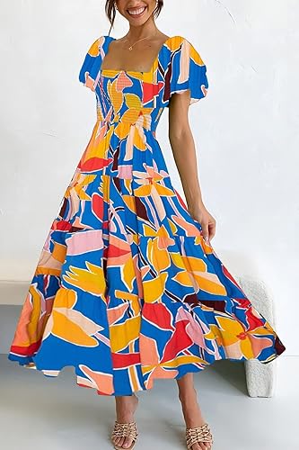 Vista 5 de GOLDSTITCH Vestido largo fruncido para mujer, cuello cuadrado, dobladillo con volantes, manga corta, vestido midi fluido