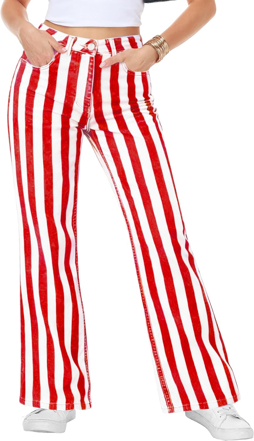 Womens High Waisted Stripes Bell Bottom Jeans Stretch Striped Flare Denim Pant