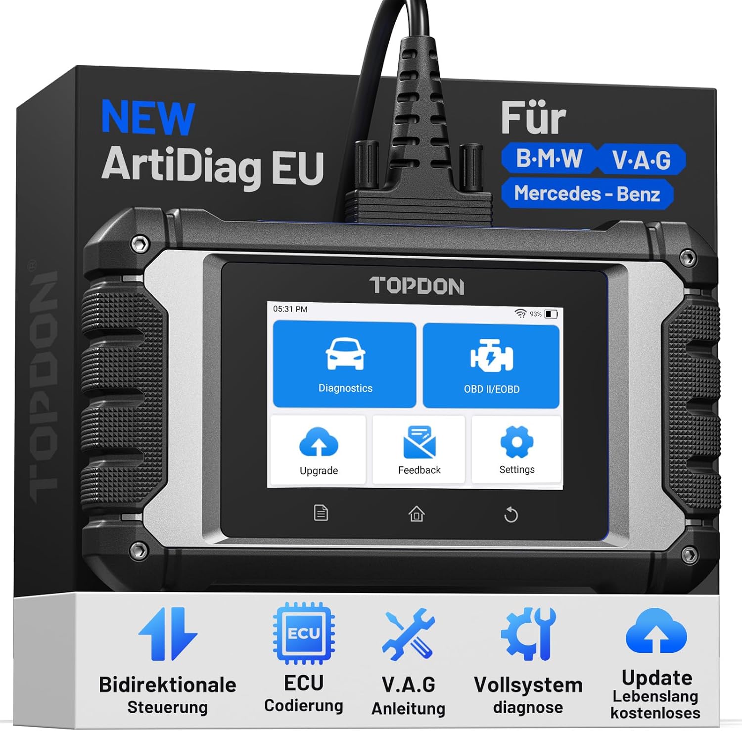 TOPDON ArtiDiag EU Auto OBD2 Diagnosegerät für BMW/Benz/V.A.G, Vollsystem Diagnose, Bidirektionale Steuerung/Aktiver Test, ECU Online Codierung, Lebenslange Kostenlose Updates