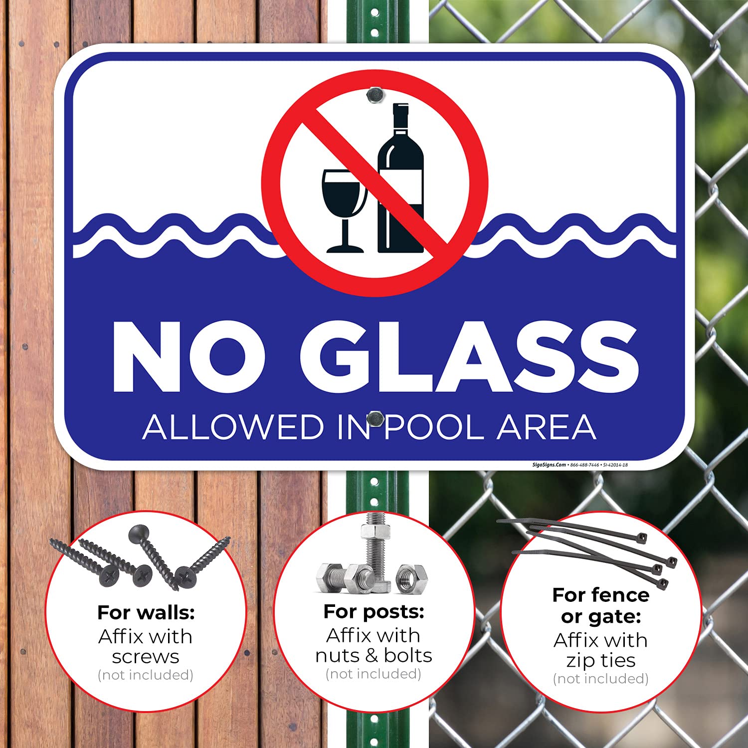 No Glass Allowed in Pool Area Sign, Pool Sign, 12x18 Inches, Rust Free .063 Aluminum, Fade Resistant, Made in USA