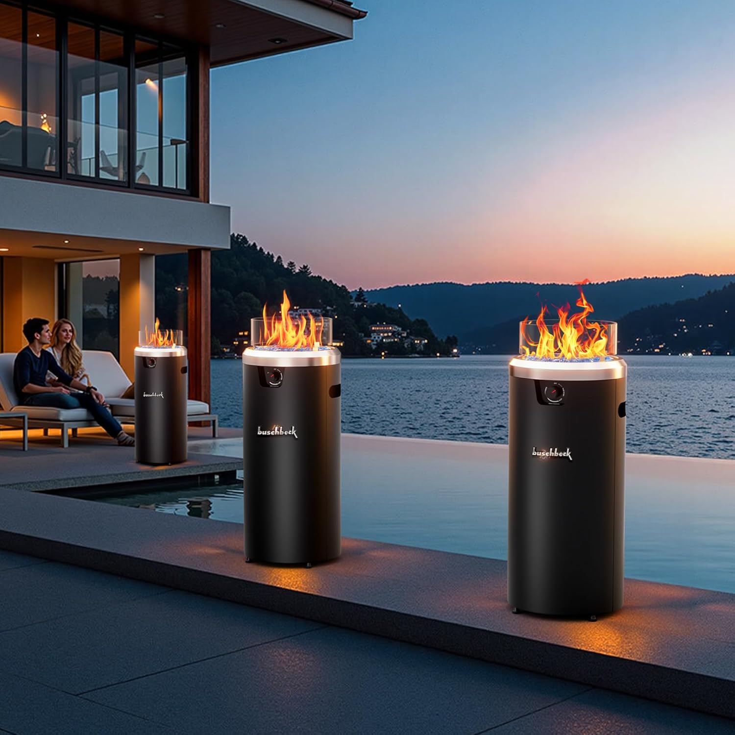 15" Round Propane Gas Fire Pit, Stainless Steel Column Outdoor Fire Pit with Blue Fire Glass, 26,000 BTU Patio Fire Pit for Backyard & Garden