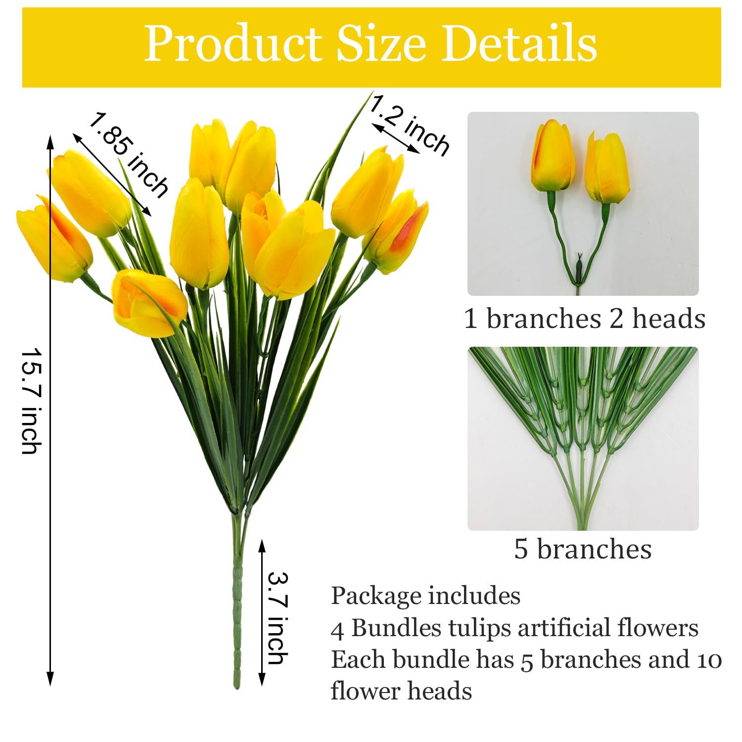 Künstliche Tulpen, UV-beständig, 4 Bündel, 10 Köpfe, Seide, Tulpen, Kunstkunststoff, Grünpflanzen, Blume für Zuhause, Außenbereich, Garten, Veranda, Fenster, Pflanzgefäße, Dekoration (gelb)