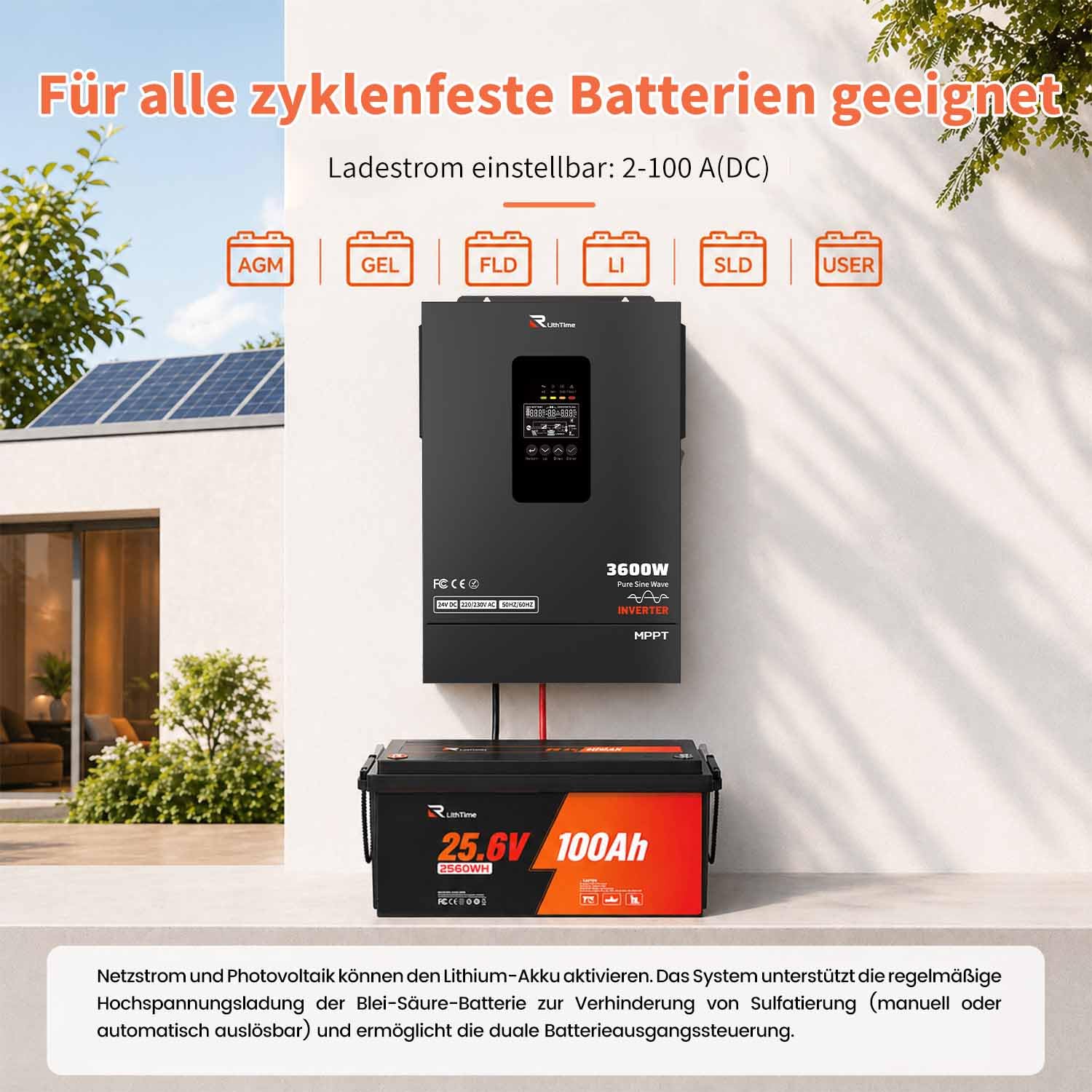 Hybrid Wechselrichter 3600W, Solar Wechselrichter 24V auf 230V mit 96% PV-Wirkungsgrad und Integriertem 120A MPPT Für Lithium/Blei-Batterien mit Unterstützung Batterielosen und Netz/PV-Aktivierung