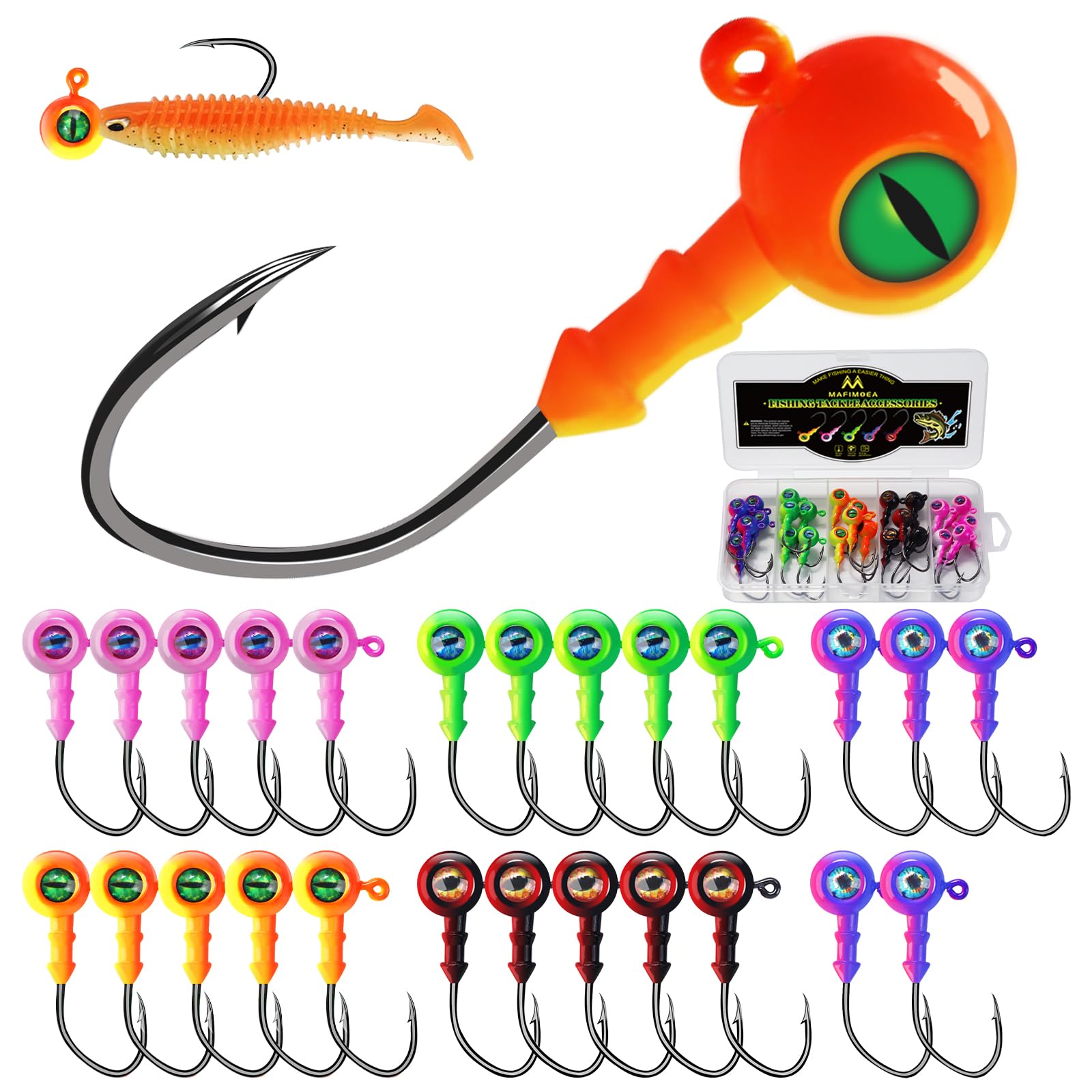 Crappie Jig Heads with 3D Eyes, 1/8oz to 3/8oz (20-40Pcs) - Sharp V-Shaped Hooks for Walleye, Bass & Panfish Fishing