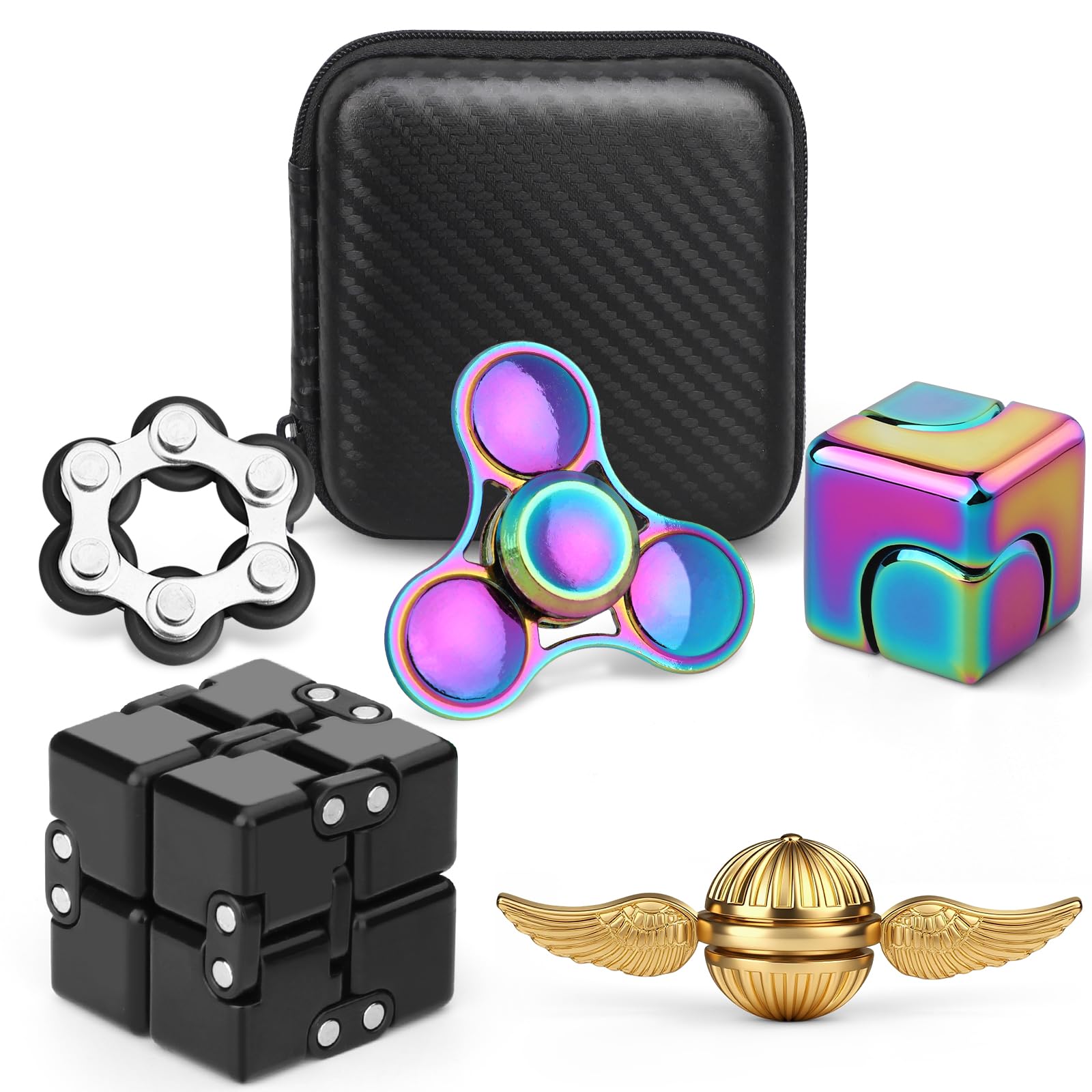 Fidget Toys Set for Kids Adults, Sensory Pack with Fidget Chain, Infinity Cube, Tri Spinner, Fidget Cube, Orb Spinner, Office Desk Decor Classroom Gadget, 5 PCS Stocking Stuffer Party Birthday Gift