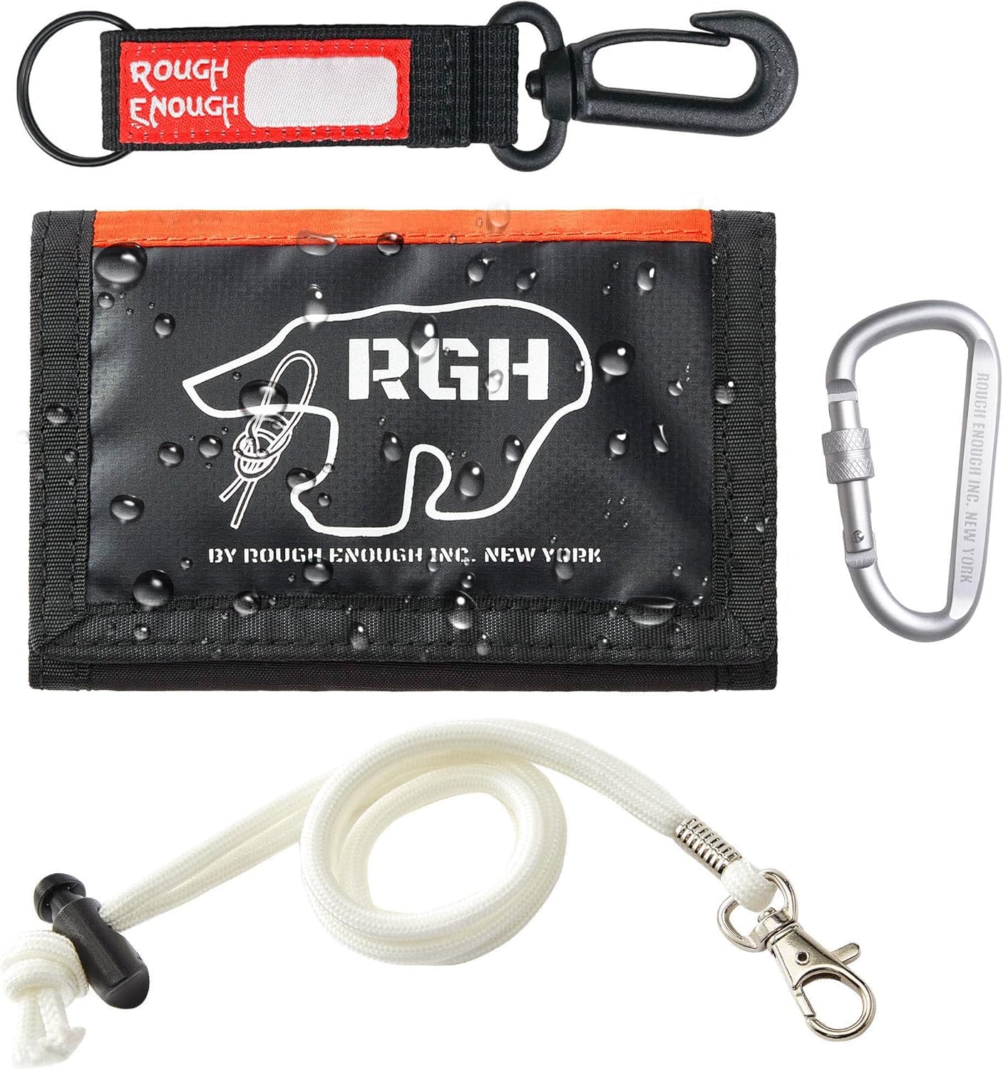 Rough Enough Boys Wallet for Teen Kids with Neck Lanyard Zipper Coin Purse Card Holder Waterproof Black Orange Glow in the Dark