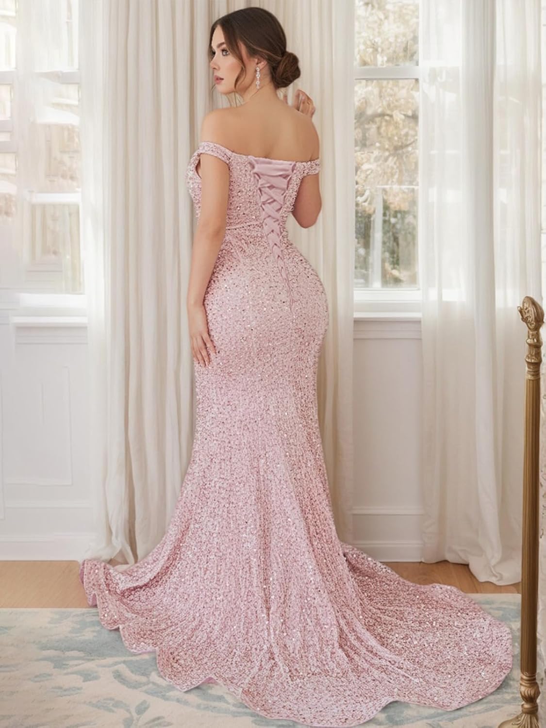Sequin Mermaid Prom Dresses 2026 Glitter Off Shoulder Formal Evening Party Gowns with Train LU220