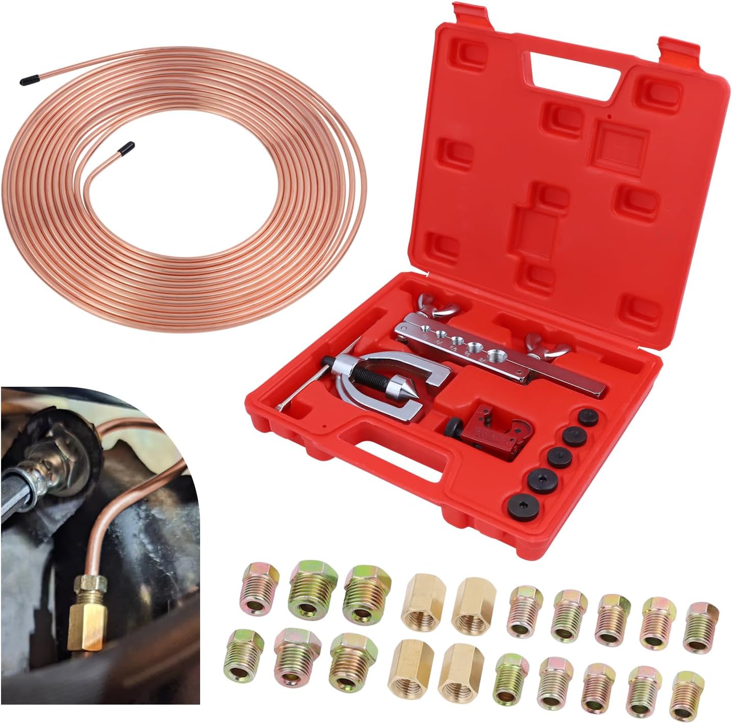 25 ft 3/16'' Copper Coated Brake Line Kit (Includes 16 Fittings and 4 Unions Brake Line Fittings) + Double & Single Flaring Tool Kit for Automotive, Fuel,Hydraulic Systems