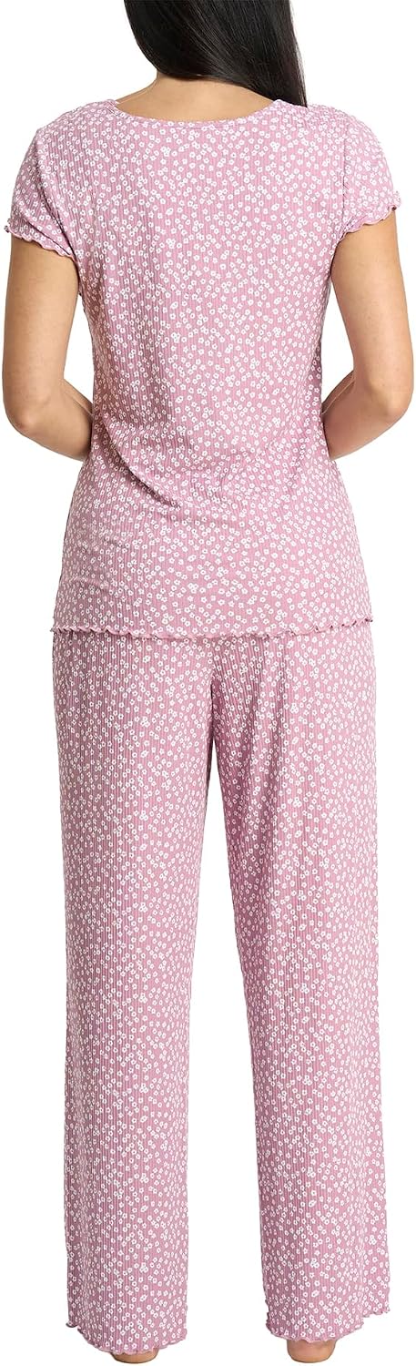 Laura Ashley Women's Pajamas 2 Piece Ribbed Knit Short Sleeve Henley Top and Pants PJ Set