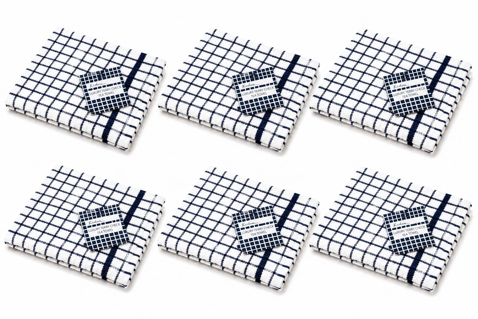 Luxury Terry Check Tea Towels 6 Pack | 50 x 70 cm | 100% Cotton Kitchen Towels | Super Absorbent & Durable | Soft Terry Weave kitchen & home Cloths | Machine Washable | Check Design |Navy blue/white|