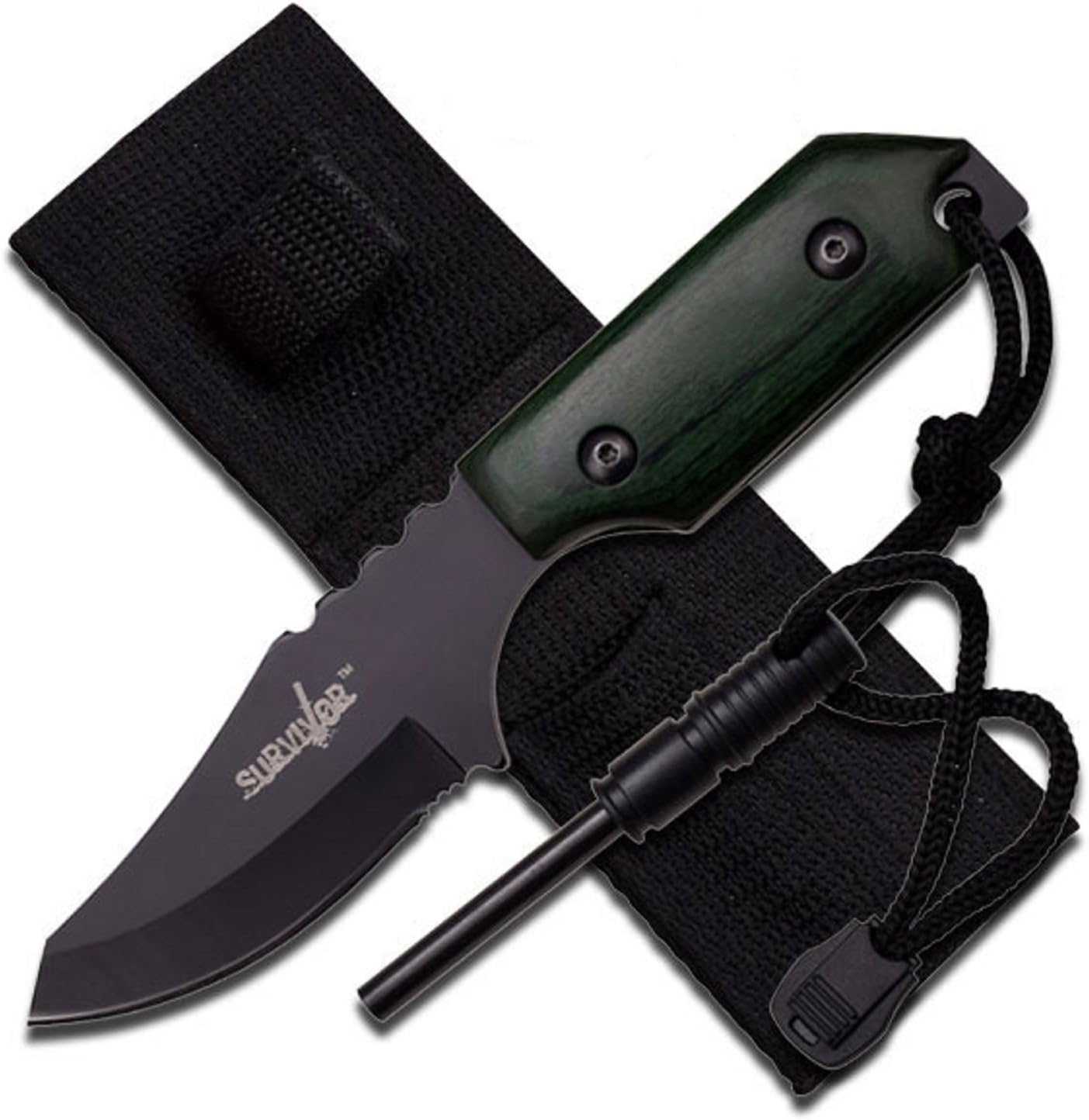 Master Cutlery Fire Starter Survivor Knife with Pakkawood Handle and 7-Inch Fixed Blade, Black/Green
