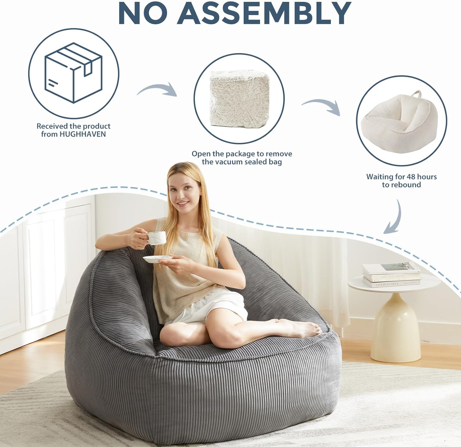 HUGHEAVEN Big Bean Bag Chairs for Adults,Giant Bean Bag Chair for Adults and Kids,Bean Bag Chairs for Teens,Comfy Fluffy Bean Bag Chair with Armrests,Bean Bag Sofa Lounge Floor Sofa for Reading