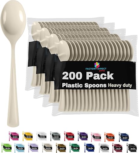 Party Solids Cucharas de plástico marfil, 200 piezas, cucharas de marfil, utensilios desechables, juego de cubiertos de plástico resistente, juegos