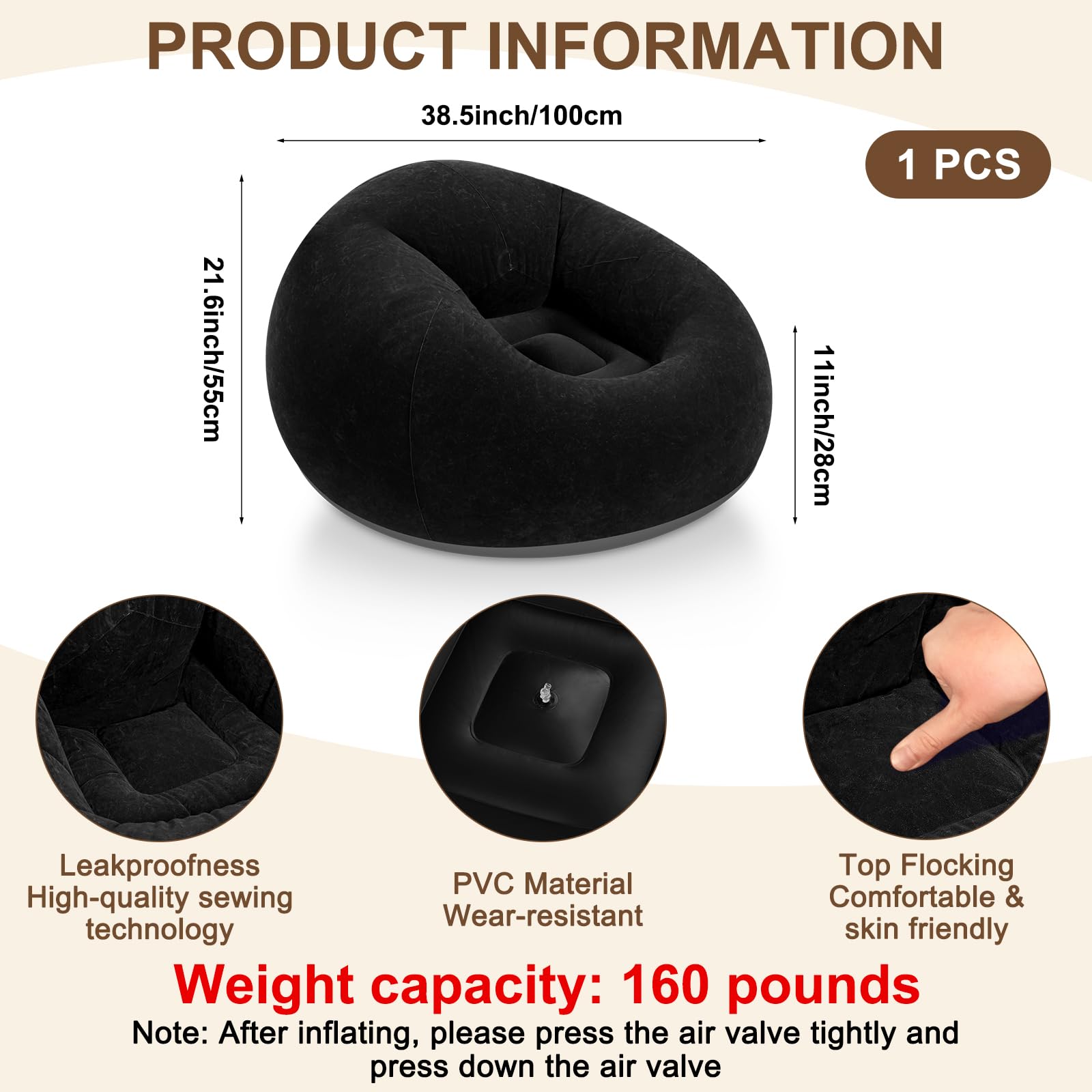 Realspring Inflatable Bean Bag Chairs for Adult Blow up Chairs Lazy Sofa Folding Portable Inflatable Chair for Movie Outdoor Room Bedroom Reading Camping(Black)