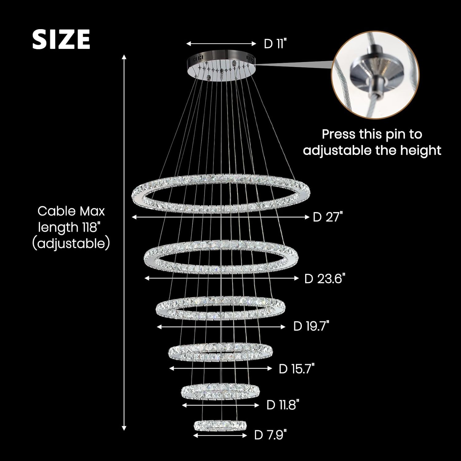 Modern Crystal Chandelier for High Ceiling Lights Fixtures Luxury 6 Ring Led Chandelier for Dining Room Big High Ceilings Foyer Chandeliers for Living Room Entryway Staircase, D8"-12"-16"-20"-24"-28"