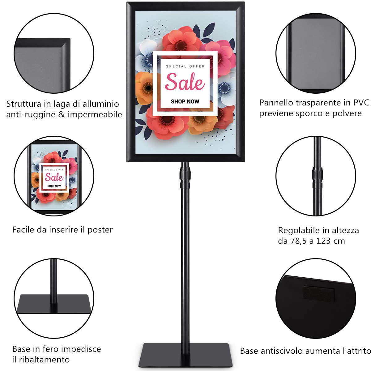 COSTWAY Espositore da Pavimento per Poster A3 Girevole 360° Regolabile in Altezza Nero