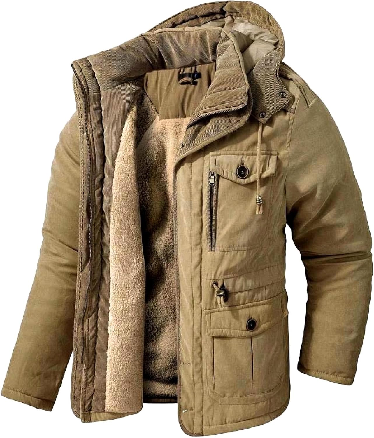 Men's Thicken Multi-Pocket Hooded Long Sleeve Coats For Outdoor Casual Running Travel Fleece Jacket