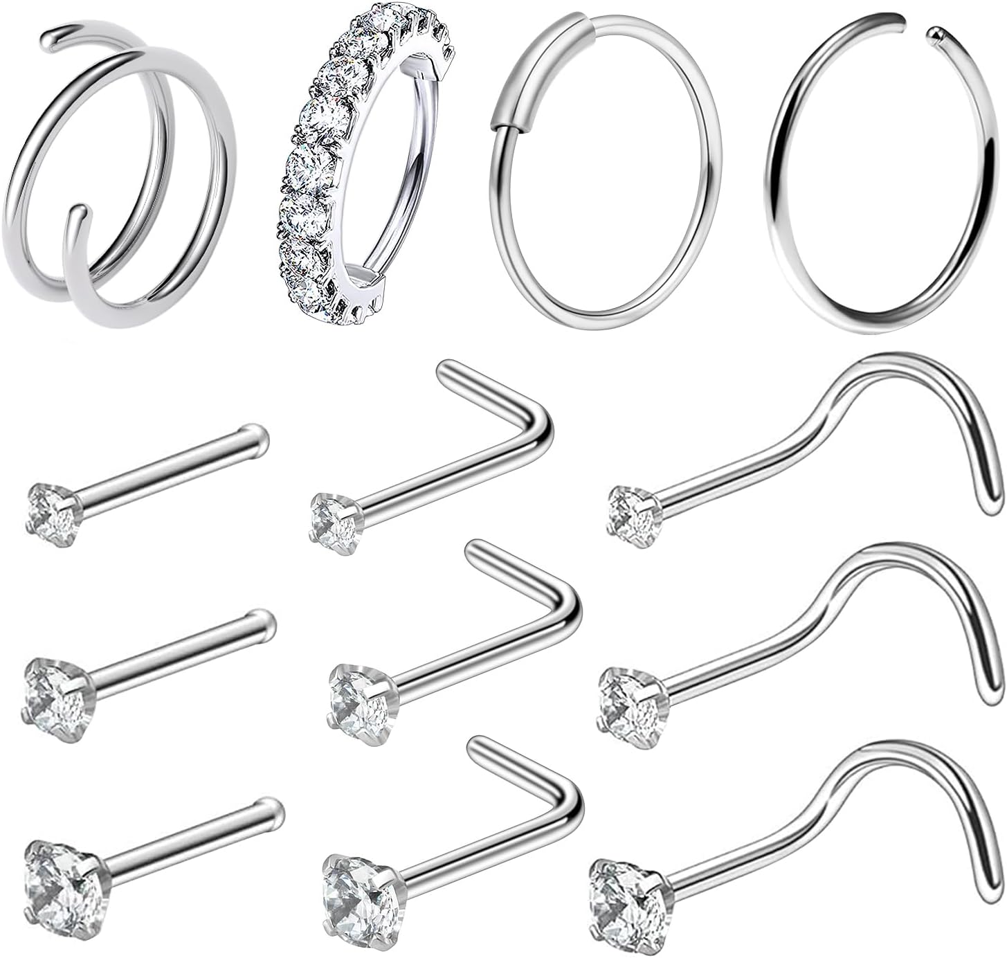 Ftovosyo 20G Surgical Steel Nose Rings Hoops for Women Men Cubic Zirconia Nose Piercing Jewelry L Shaped Nose Ring Stud Set