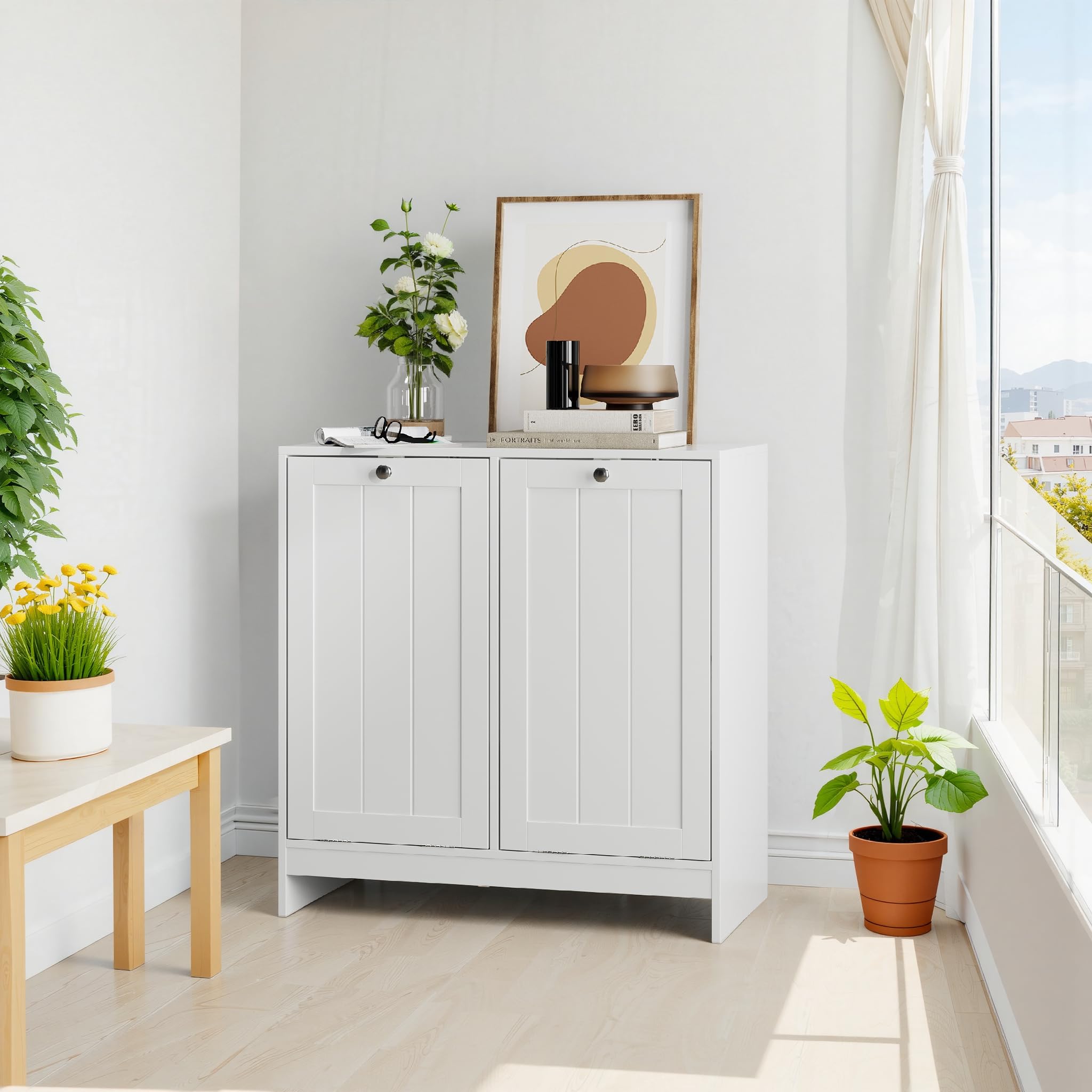 Badezimmerschrank mit Wäschekorb 42x32x76 cm Weiß, kippbar, 2 herausnehmbare Körbe, mit Wäschekippe und Kippschutz, freistehend, für Waschküche und Bad