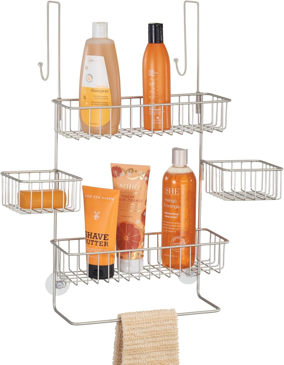 mDesign Steel Over The Door Shower Caddy - Hanging Shower Organizer Rack w/ 4 Baskets, 2 Hooks - in-Shower Hanging Caddy for Bathroom - Over Door Shower Caddy Hanger - Klypon Collection - Matte Satin