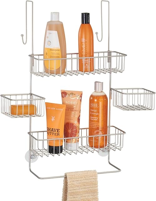 mDesign Shower Caddy Hanging Shower Shelves with 3-Tiered Baskets Over Door Storage Shelves for Shampoos, Soaps, Razors and More Matte Silver