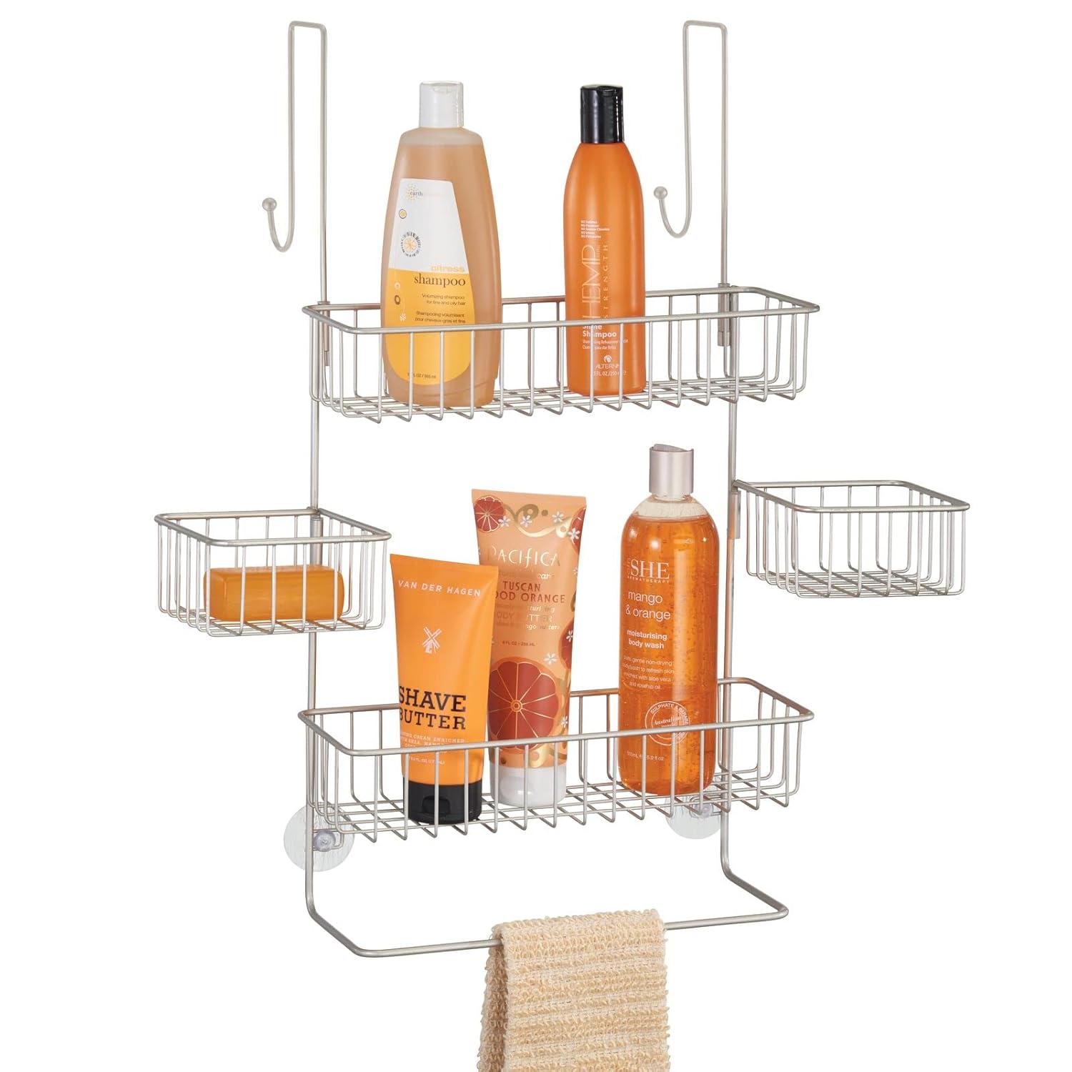 mDesign Steel Over The Door Shower Caddy - Hanging Shower Organizer Rack w 4 Baskets 2 Hooks -