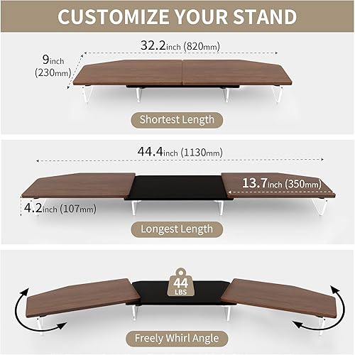 Miniatura 7 de Soporte elevador LED de doble monitor para 2 monitores, soporte de madera de escritorio de oficina, longitud y ángulo ajustables, 3 estantes,