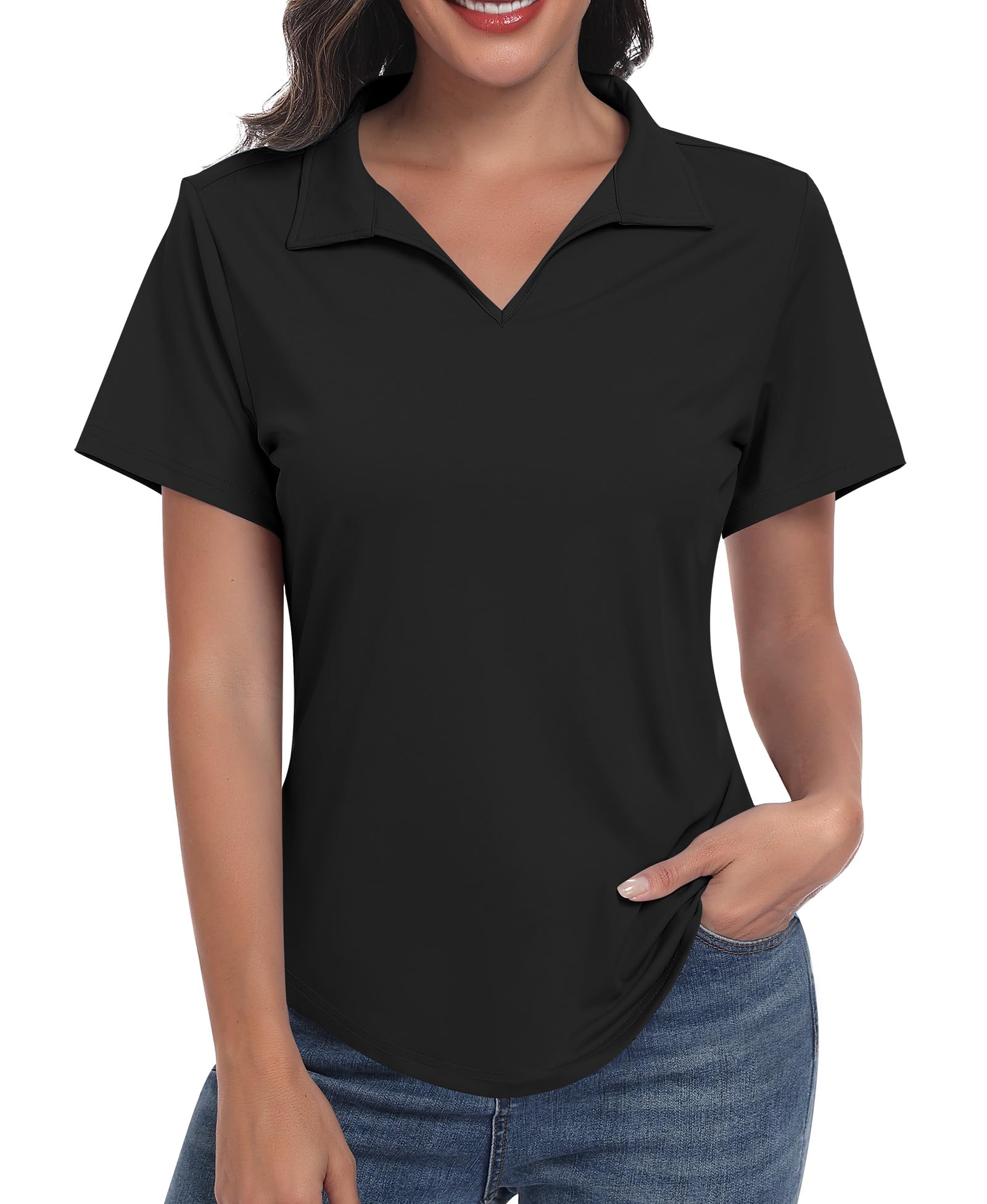 JoyGirl Polo da golf a maniche corte da donna UPF 50+ con scollo a V, maglietta leggera per sport, tennis, traspirante, top da palestra