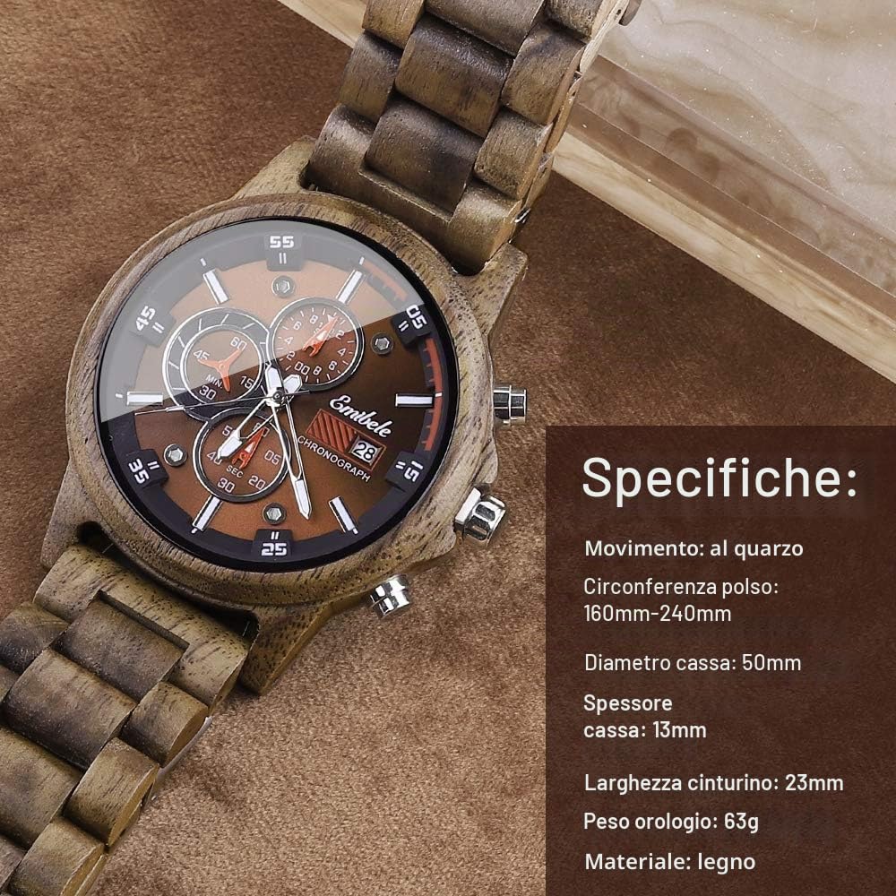 Emibele Orologio da Uomo in Legno, Orologio da Polso al Quarzo Cronografo con Datario, Leggero e Fatto a Mano 3 Quadranti Secondari Resistente ai Graffi Elegante
