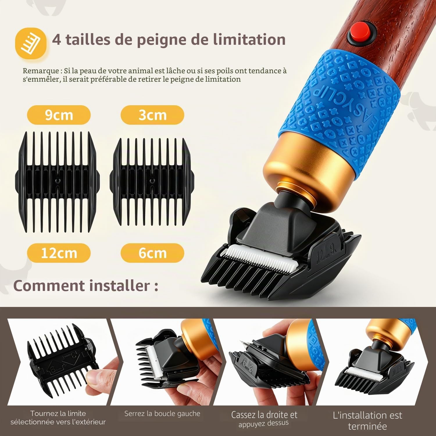 CGOLDENWALL Tondeuse Électrique à Chien/Chat 200W – Câble 3m, Lames Acier Titane/Céramique, Manche Bois Acajou Sûr – Pour Lapins/Autres Animaux, Vitesse 2000-6000tr/min