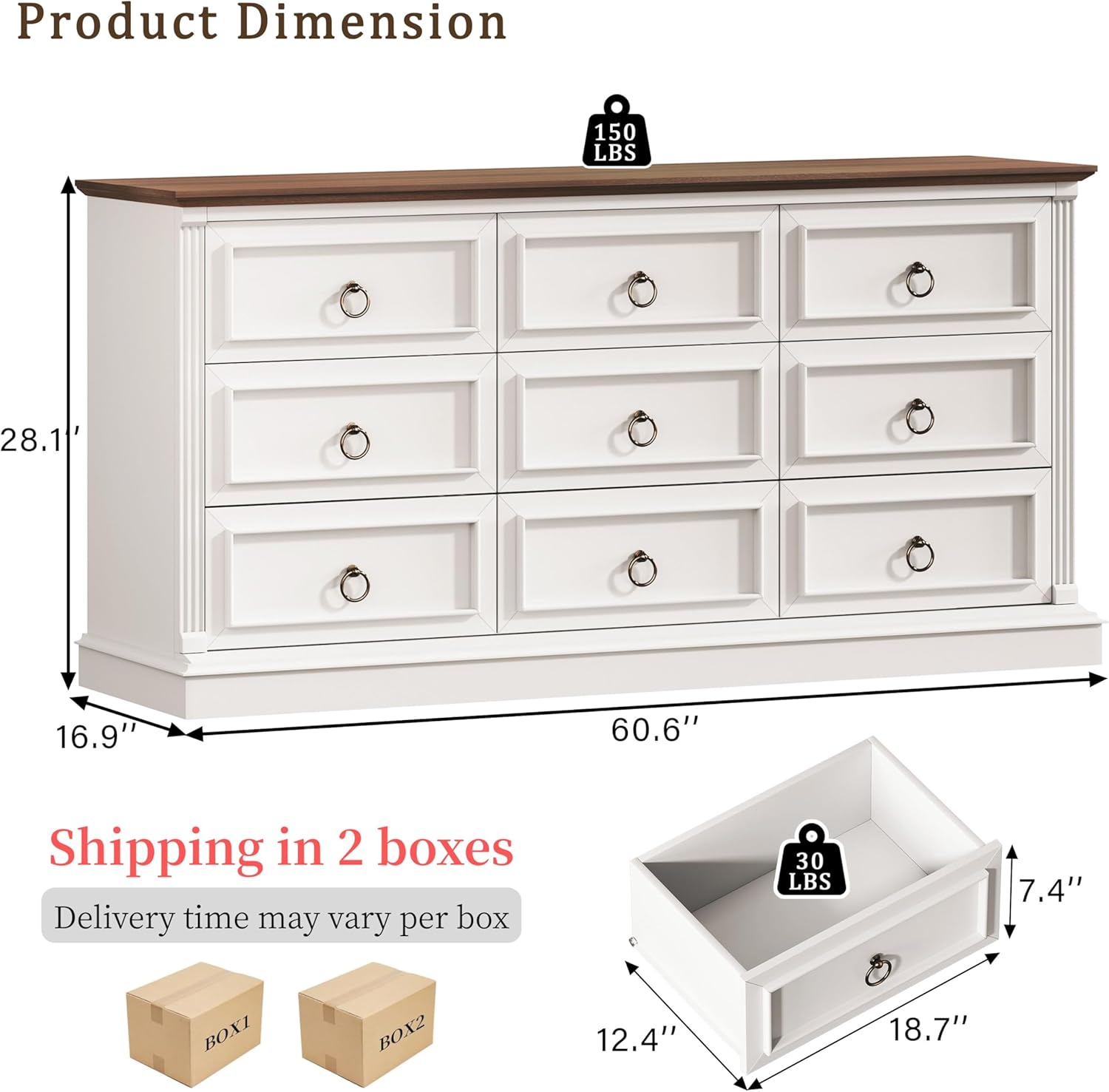 HUAHUU Farmhouse 9 Drawer Dresser for Bedroom, 60" Wide Chest of Drawers with Roman Column, Wooden TV Stand with Antique Bronze Circle Handles, Storage Organizer for Living Room, Hallway, White