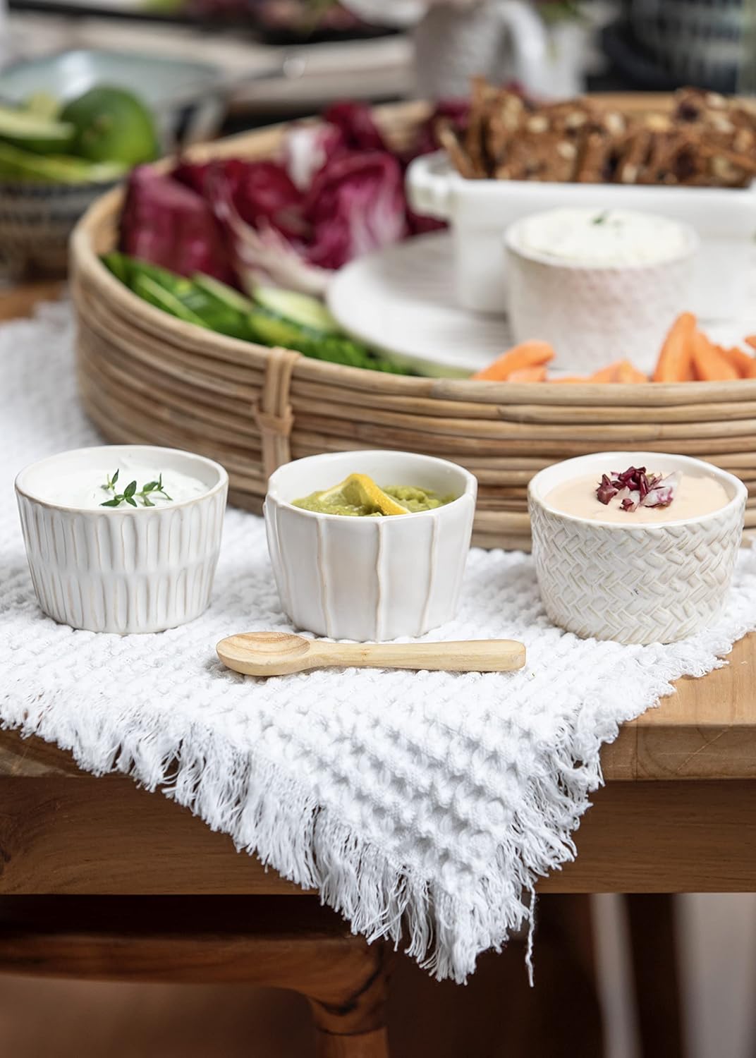 Mud Pie Stoneware Ramekin Set, Cream, ramekin 2" x 3" dia | spoon 4 1/2"