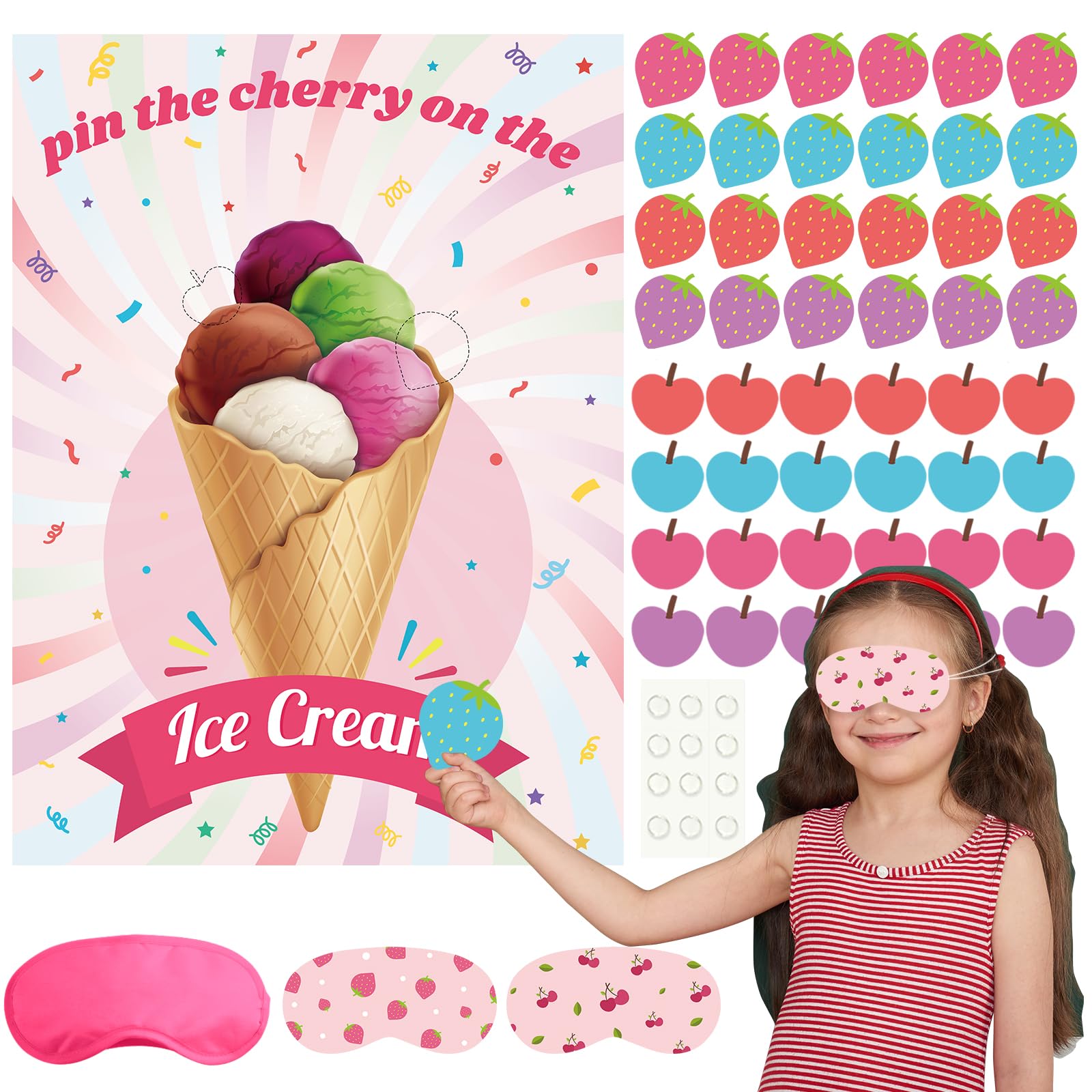 PLULON Ice Cream Party Game for Kids Pin the Cherry Strawberry on the Ice Cream Birthday Game Poster Cherry Strawberry Stickers for Boy Girl Birthday Summer Party Wall Decorations Classroom Activities
