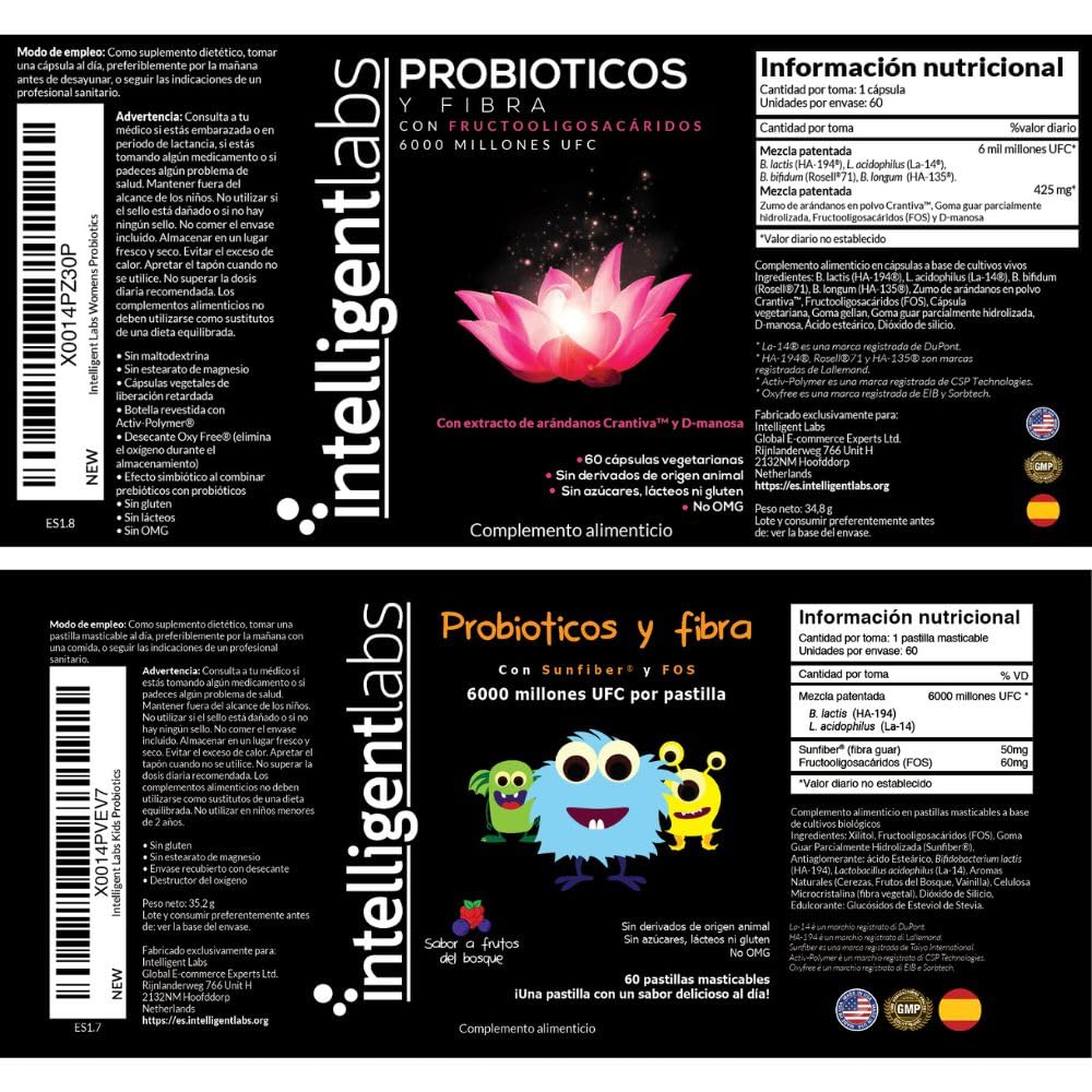 Intelligent Labs Pack 2-en-1: Probióticos Mujer (Cranberry, D-Manosa) y Niños (6 Mil Millones UFC). 60 Porciones, Suministro para 60 Días. Salud Vaginal, Urinaria y Digestiva para Madre e Hijo.