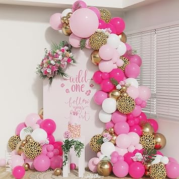 Pink Cheetah Print Birthday Decorations, 133Pcs Hot Pink Leopard Print Gold Balloons Garland Arch Kit for Women Girls Bachelorette Jungle Safari Wild One Birthday Party Baby Shower Supplies