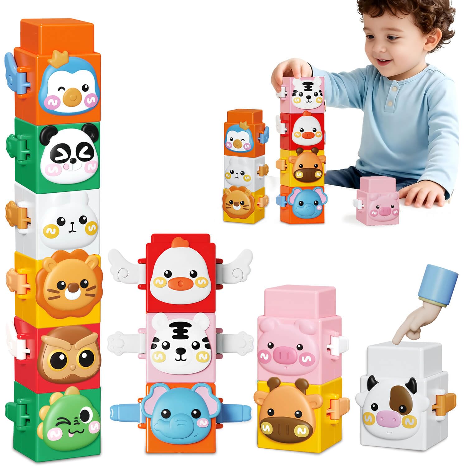 Britik Toys for Boys Girls 1 2 3 4 Year Old: Animal Building Blocks for Baby Toddlers Montessori Sorting and Stacking Toy Blocks Birthday Gifts for 3+ Years Old Kids Babies Presents Age 6 12 18 Months
