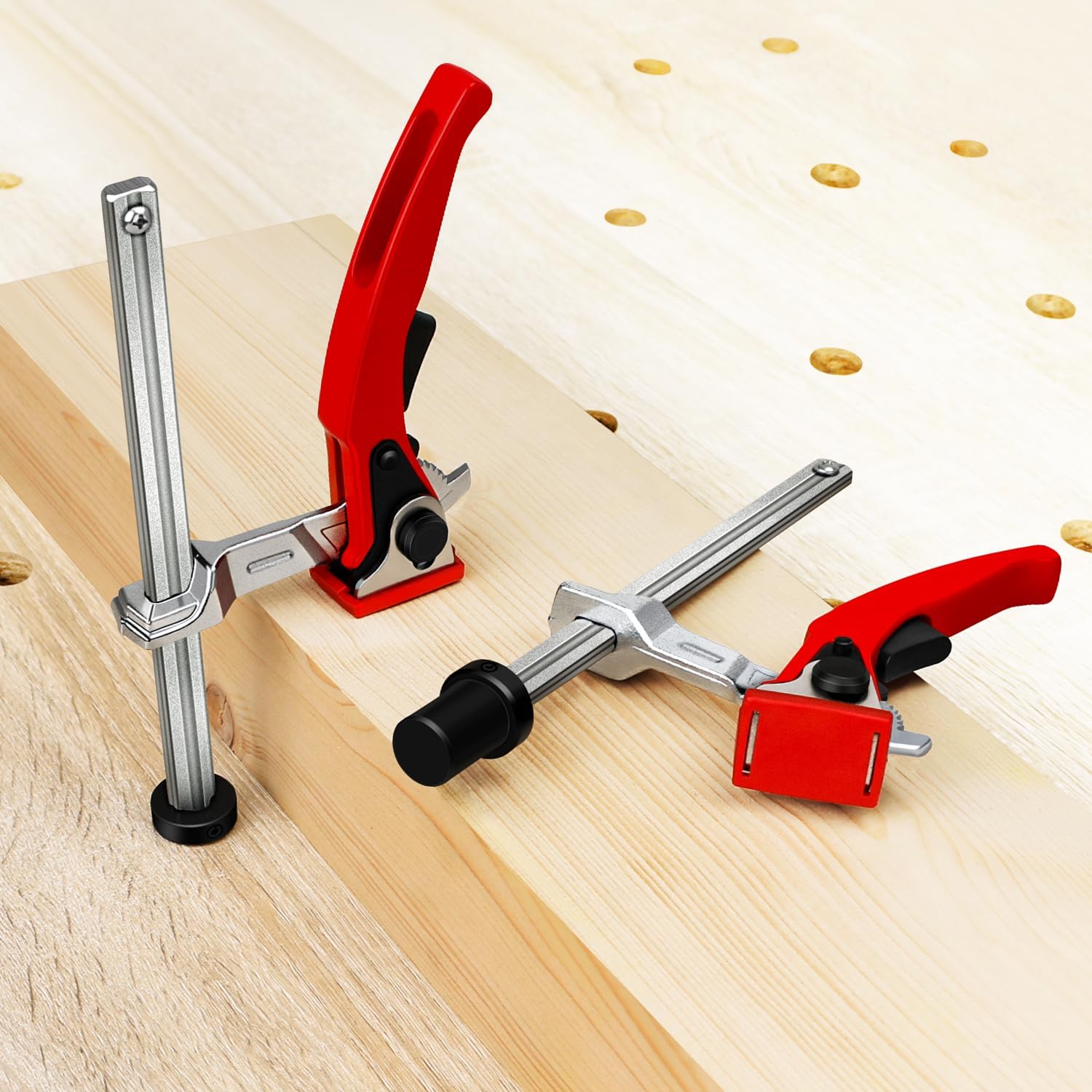Bench Dog Clamp for Woodworking 3/4" Dog Hole, 2 Pack Quick-Ratchet Bench Clamps with 19mm Non-Slip Bench Dogs, Heavy-Duty Chrome Vanadium, Compatible with MFT Tables and Workbenches