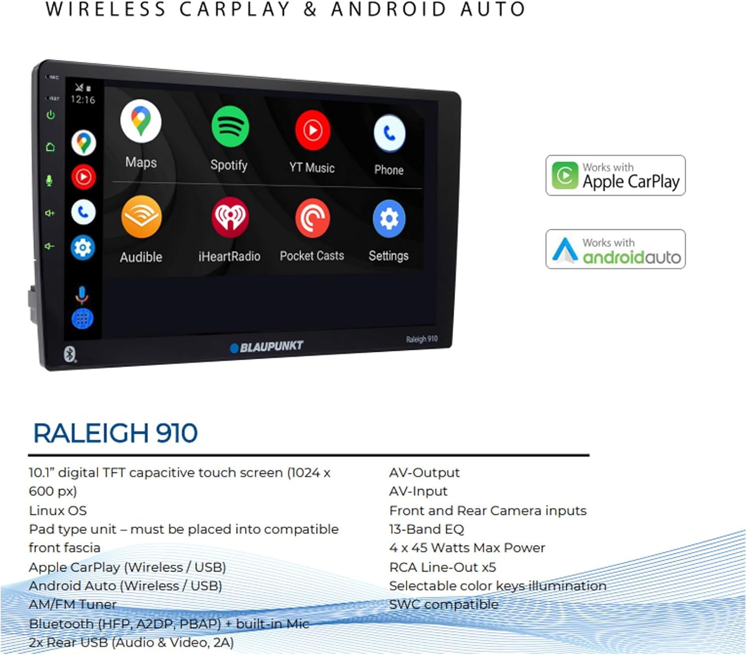 Blaupunkt Raleigh 910 Receiver with Wireless CarPlay and Android Auto features