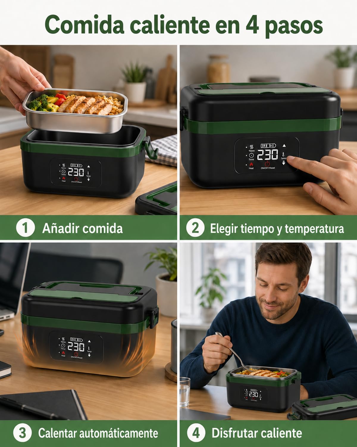 LANMOU Fiambrera Eléctrica Sin Cables 1L, Batería 16000mAh, Acero Inox 304 | Tupper Eléctrico Recargable Usb-C, 6 Temperaturas, Temporizador, Para Coche Camión Oficina Y Trabajo, 60w