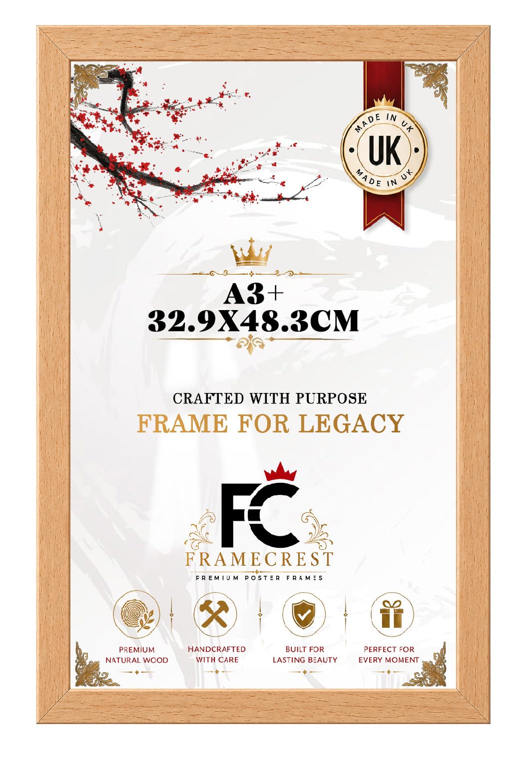 Framecrest Ltd Beech Framecrest Flat Profile Large A3+ 32.9X48.3cm Poster Frame Eton Wood Perfect For Wall Gallery, Living Room & Wall Hanging Mount Poster Picture-[Beech]